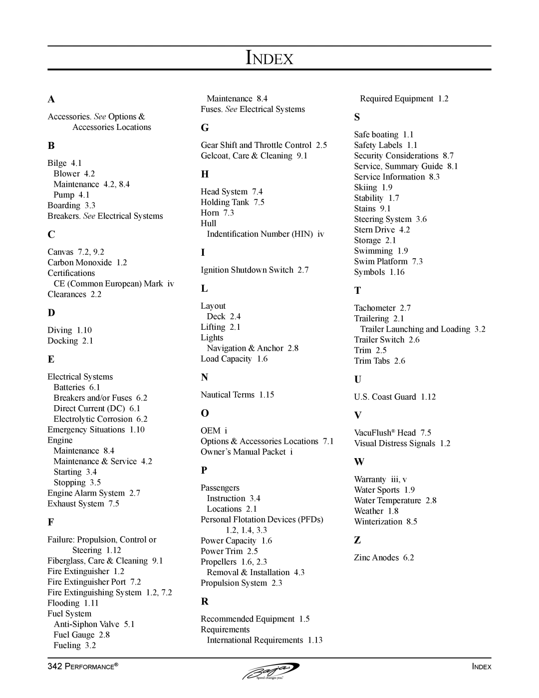 Baja Marine 342 manual Index 