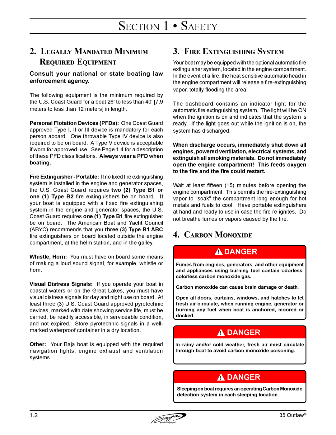 Baja Marine 35 manual Legally Mandated Minimum Required Equipment, Fire Extinguishing System, Carbon Monoxide 