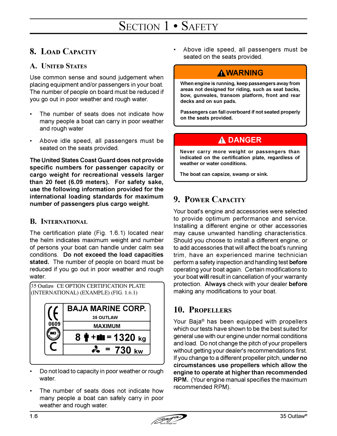 Baja Marine 35 manual Load Capacity, Power Capacity, Propellers, United States, International 