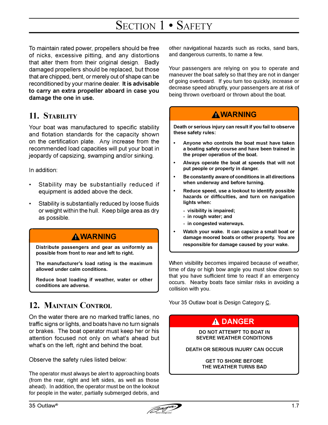 Baja Marine 35 manual Stability, Maintain Control 