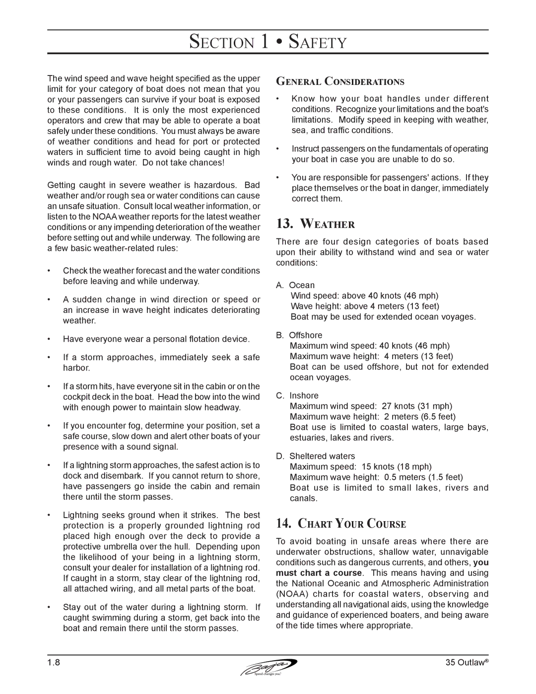 Baja Marine 35 manual Weather, Chart Your Course, General Considerations 