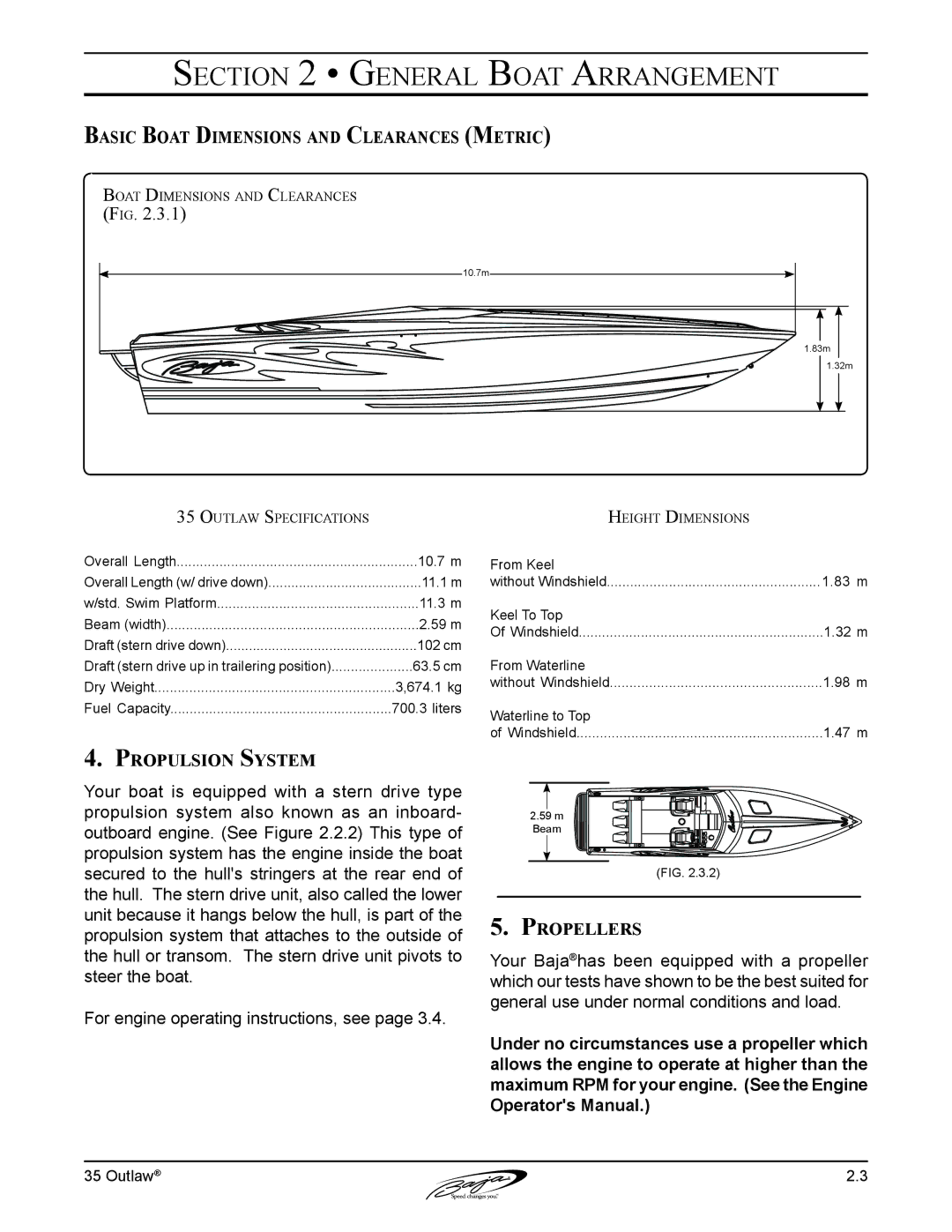 Baja Marine 35 manual Basic Boat Dimensions and Clearances Metric, Propulsion System 