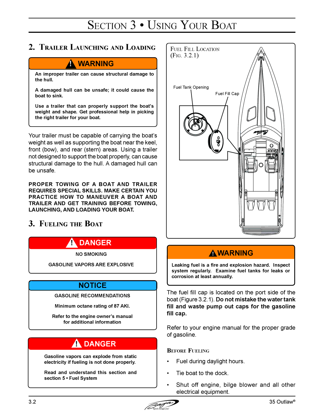 Baja Marine 35 manual Trailer Launching and Loading, Fueling the Boat 