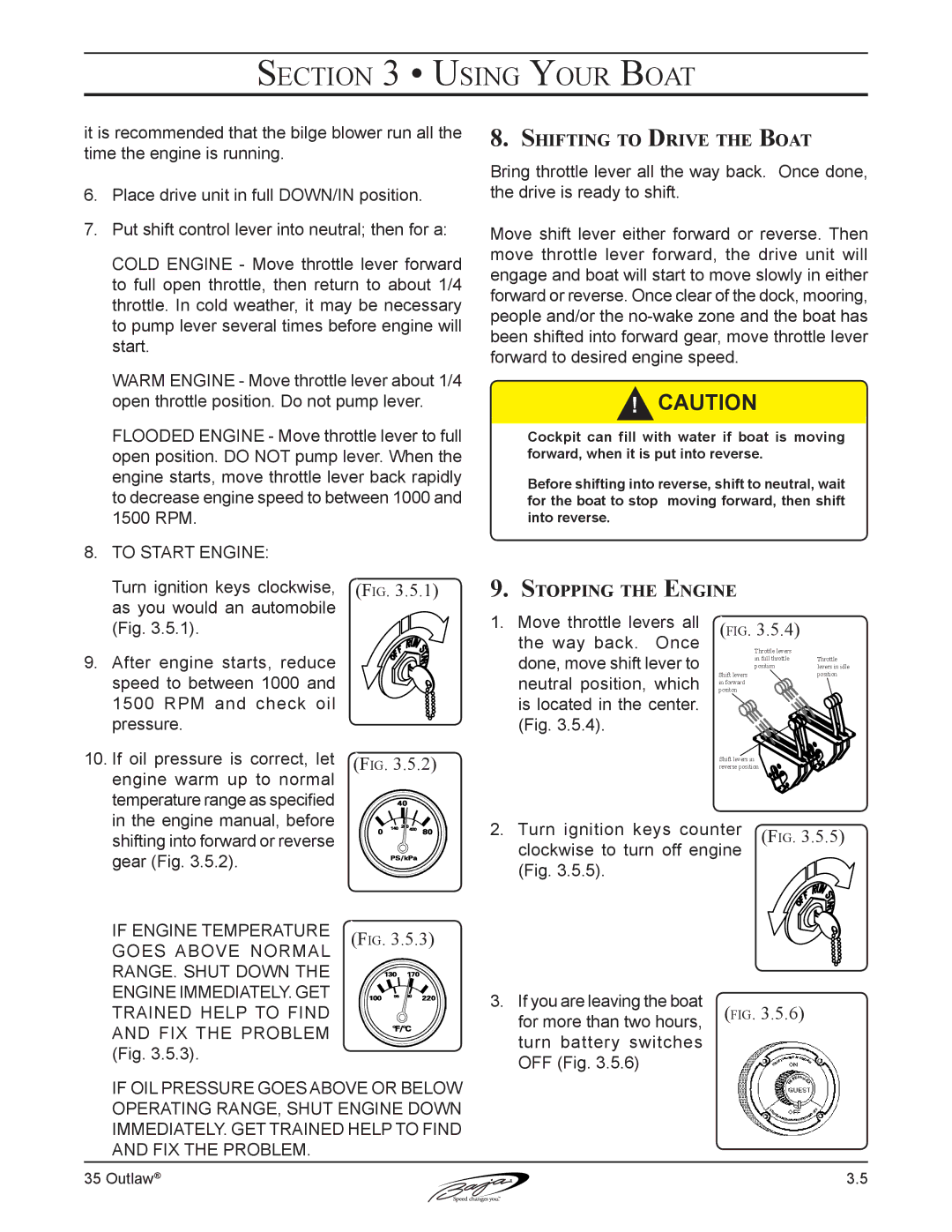 Baja Marine 35 manual Shifting to Drive the Boat, Stopping the Engine 