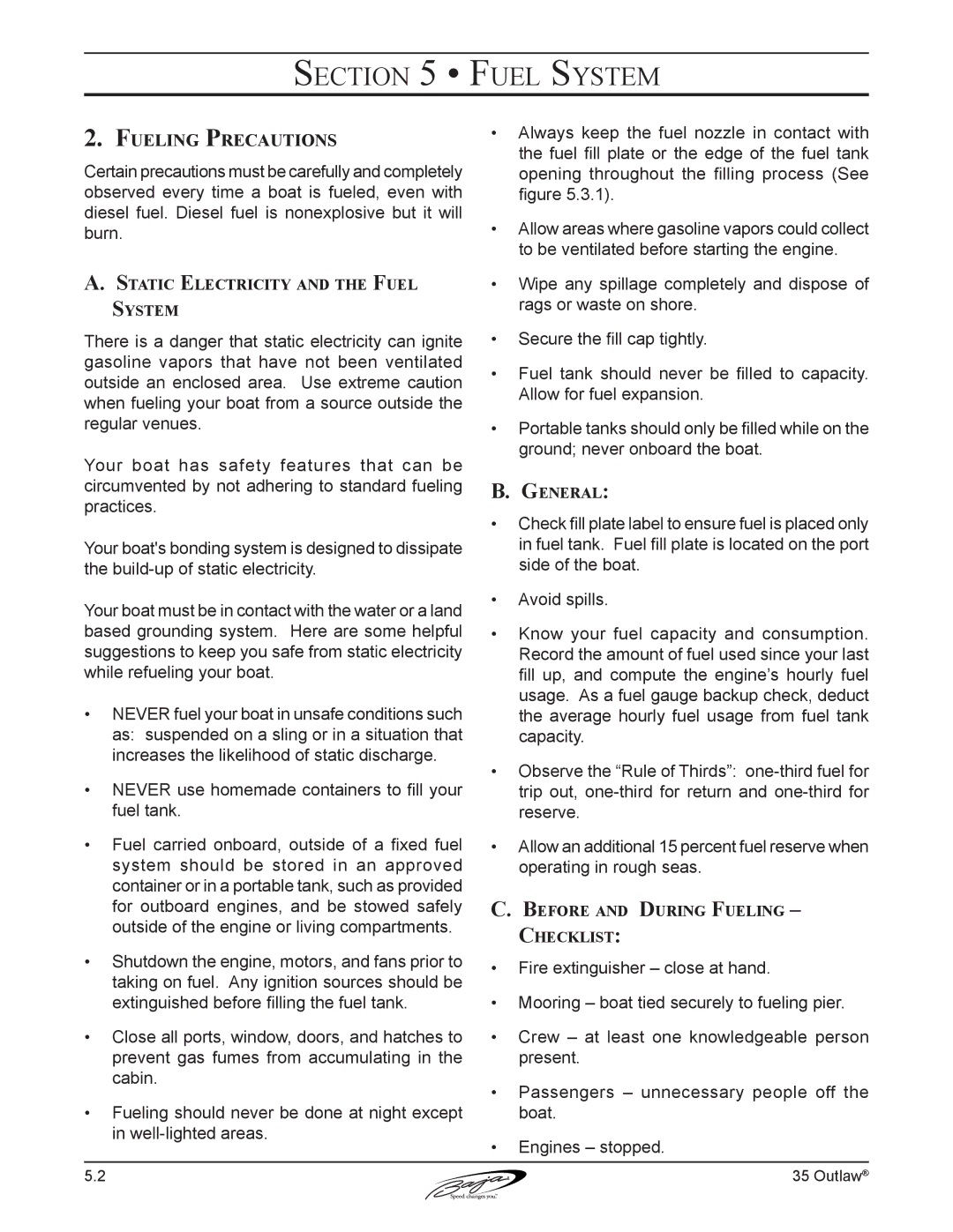 Baja Marine 35 manual Fueling Precautions, Static Electricity and the Fuel System, Before and During Fueling Checklist 