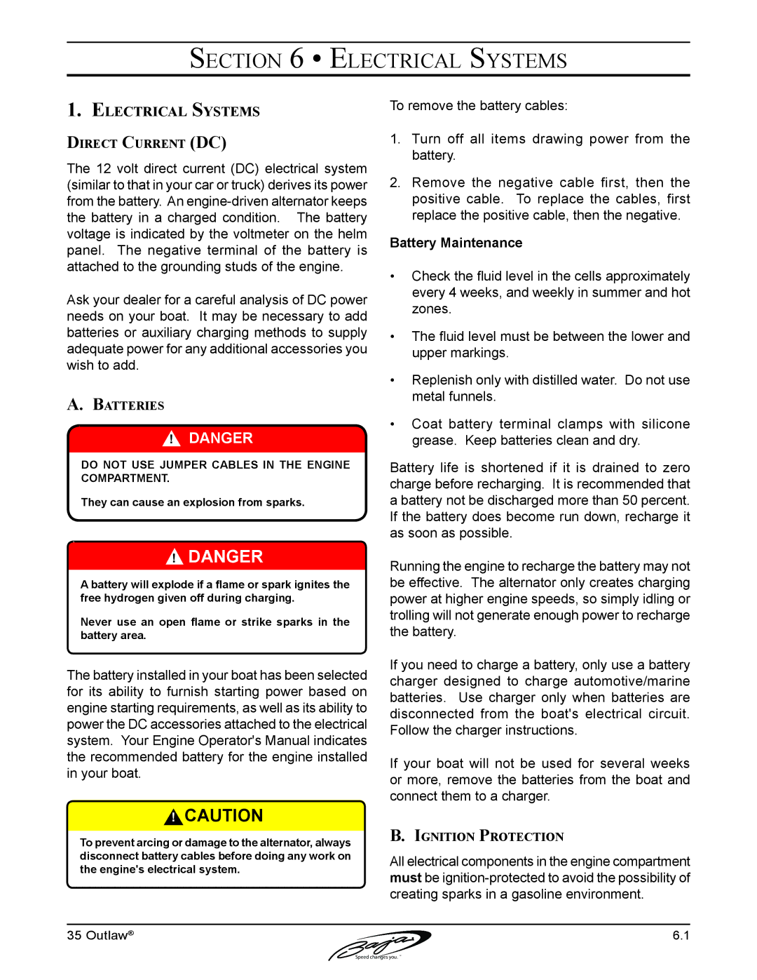 Baja Marine 35 manual Electrical Systems, Direct Current DC, Batteries, Ignition Protection 