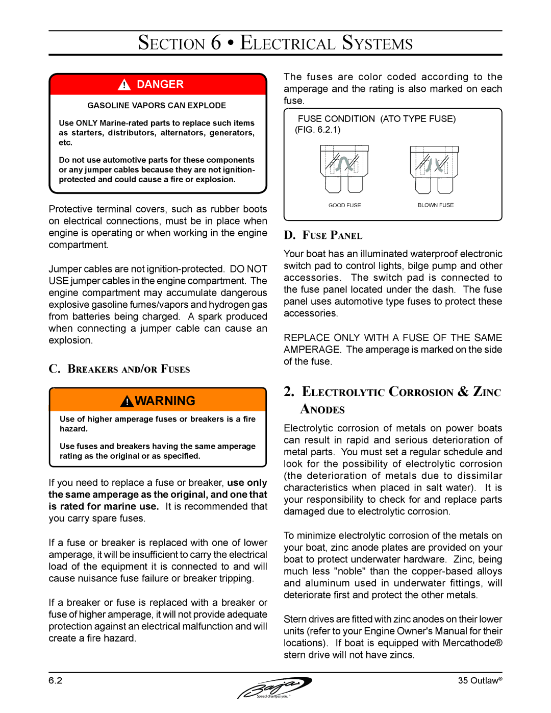 Baja Marine 35 manual Electrolytic Corrosion & Zinc Anodes, Breakers and/or Fuses, Fuse Panel 