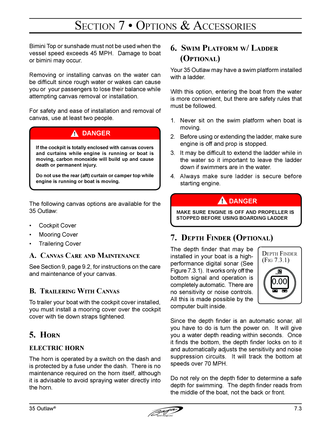 Baja Marine 35 manual Swim Platform w/ Ladder Optional, Depth Finder Optional, Horn, Canvas Care and Maintenance 