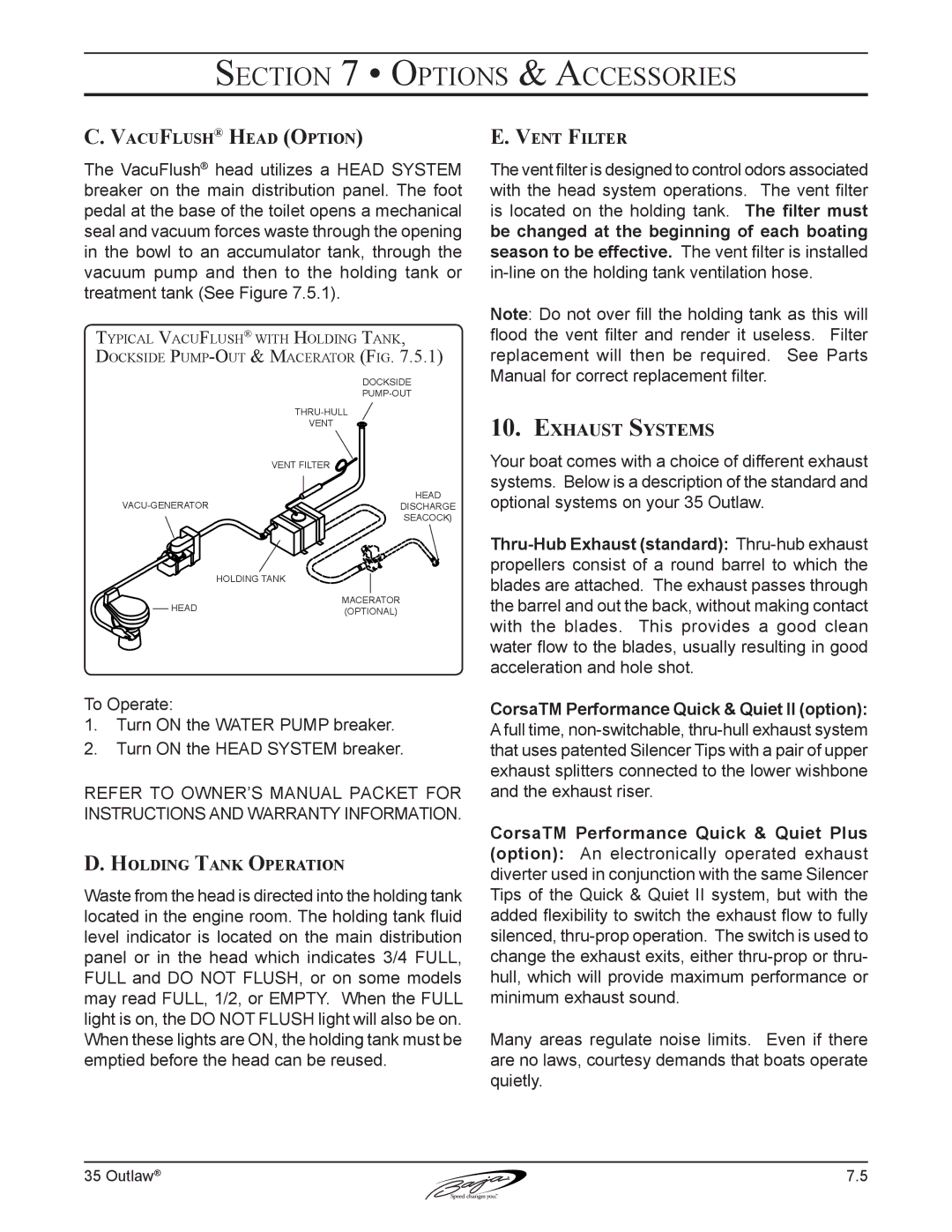 Baja Marine 35 manual Exhaust Systems, VacuFlush Head Option, Holding Tank Operation, Vent Filter 