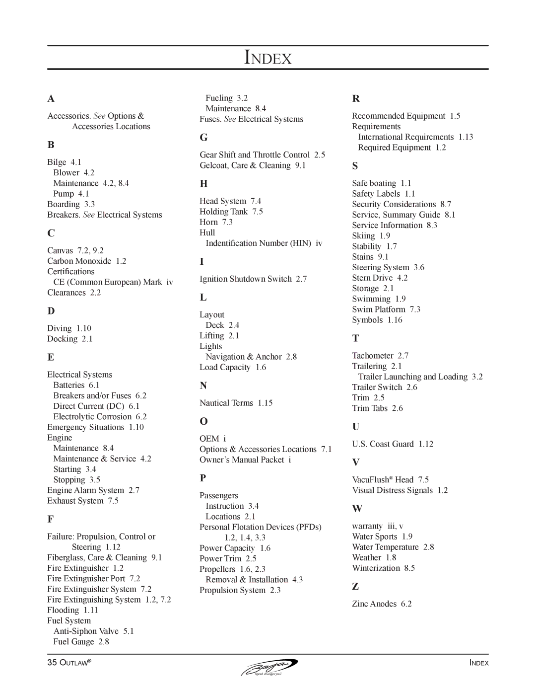 Baja Marine 35 manual Index 