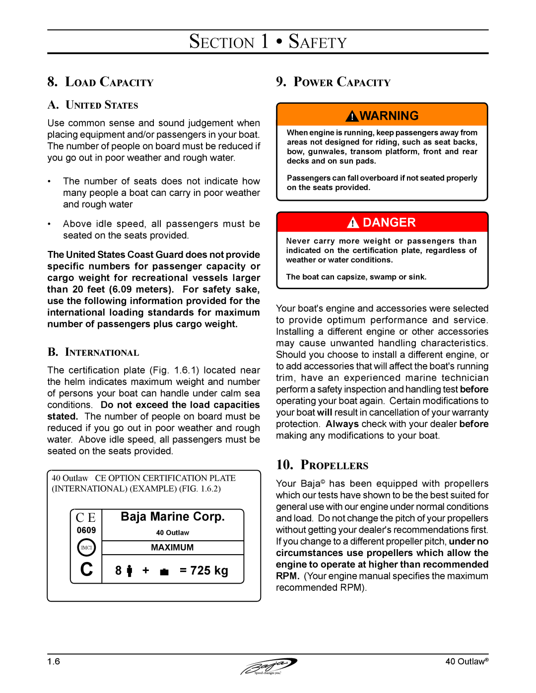 Baja Marine 40 manual Load Capacity, Power Capacity, Propellers, United States, International 