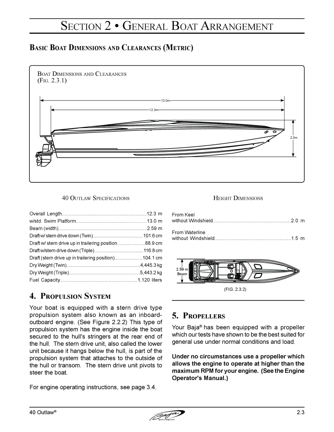 Baja Marine 40 manual Basic Boat Dimensions and Clearances Metric, Propulsion System 