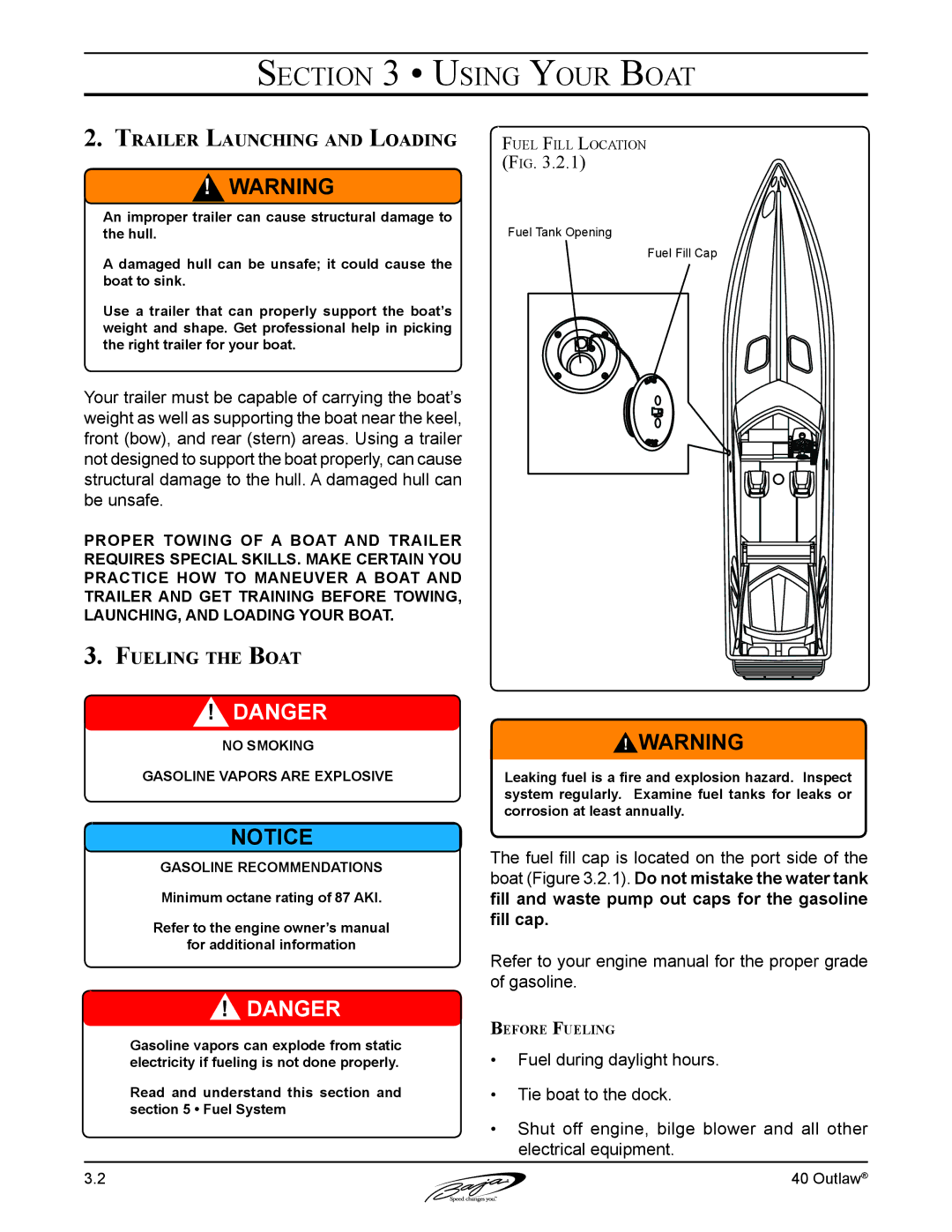 Baja Marine 40 manual Trailer Launching and Loading, Fueling the Boat 