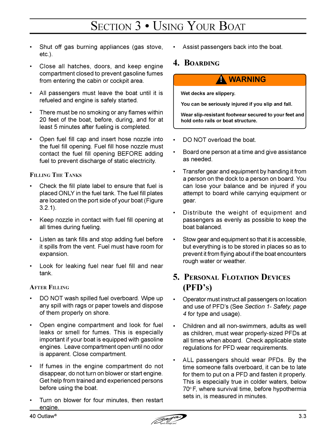 Baja Marine 40 manual Boarding, Personal Flotation Devices 