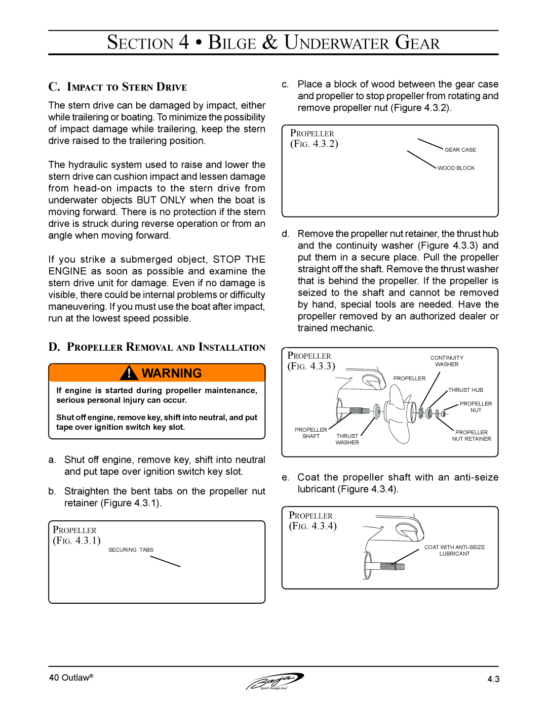 Baja Marine 40 manual Impact to Stern Drive, Propeller Removal and Installation 