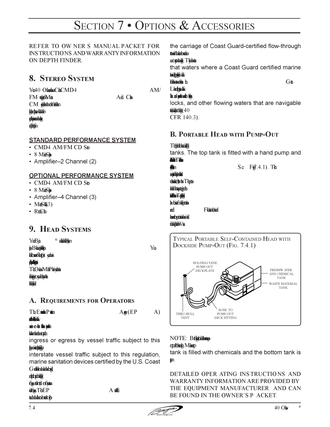 Baja Marine 40 manual Stereo System, Head Systems, Portable Head with Pump-Out, Requirements for Operators 