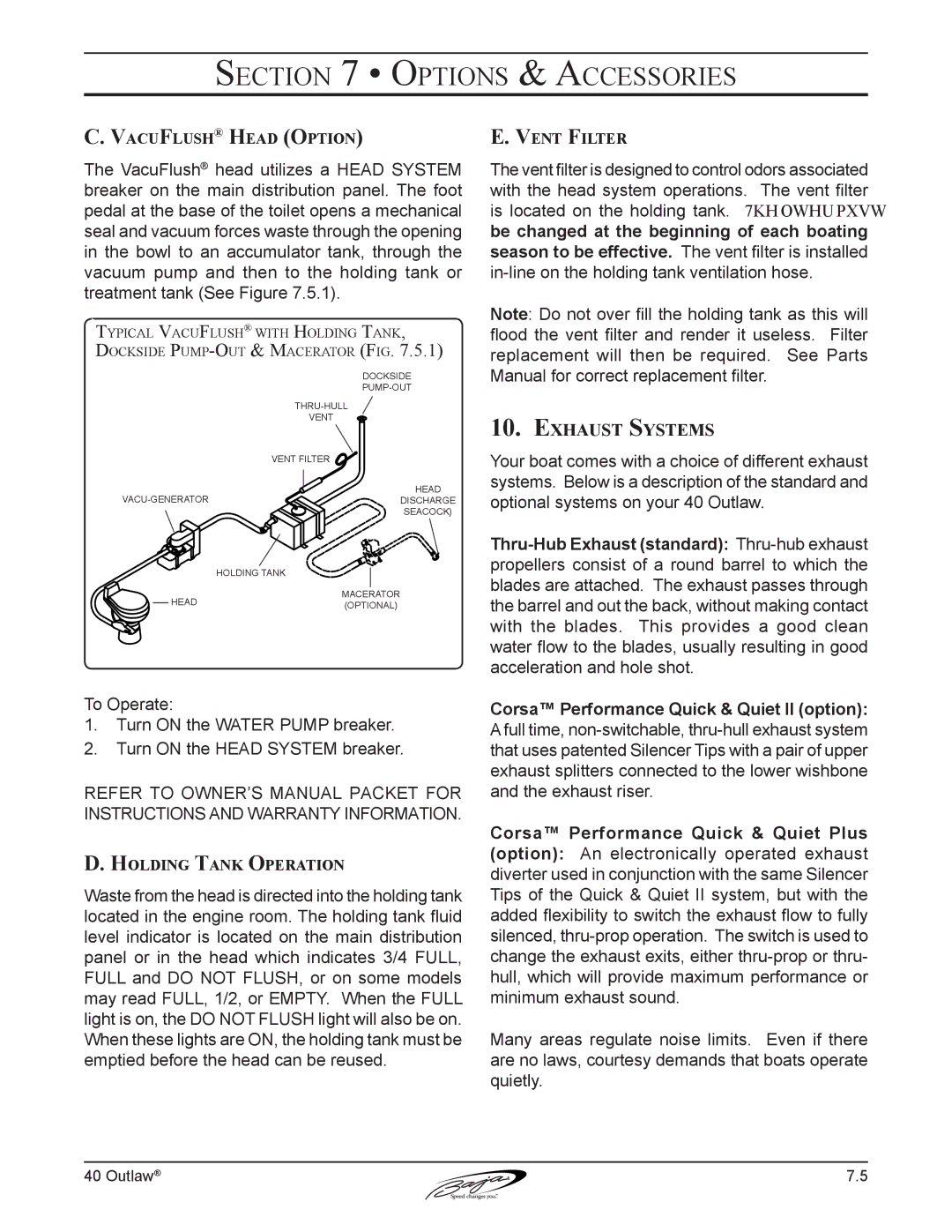 Baja Marine 40 manual Exhaust Systems, VacuFlush Head Option, Holding Tank Operation, Vent Filter 