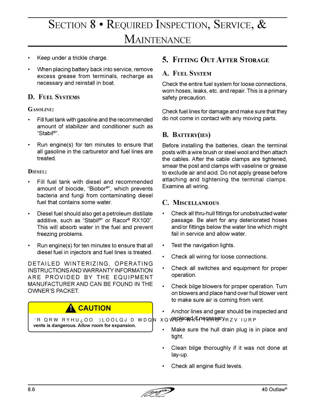 Baja Marine 40 manual Fitting Out After Storage, Fuel Systems, Miscellaneous 
