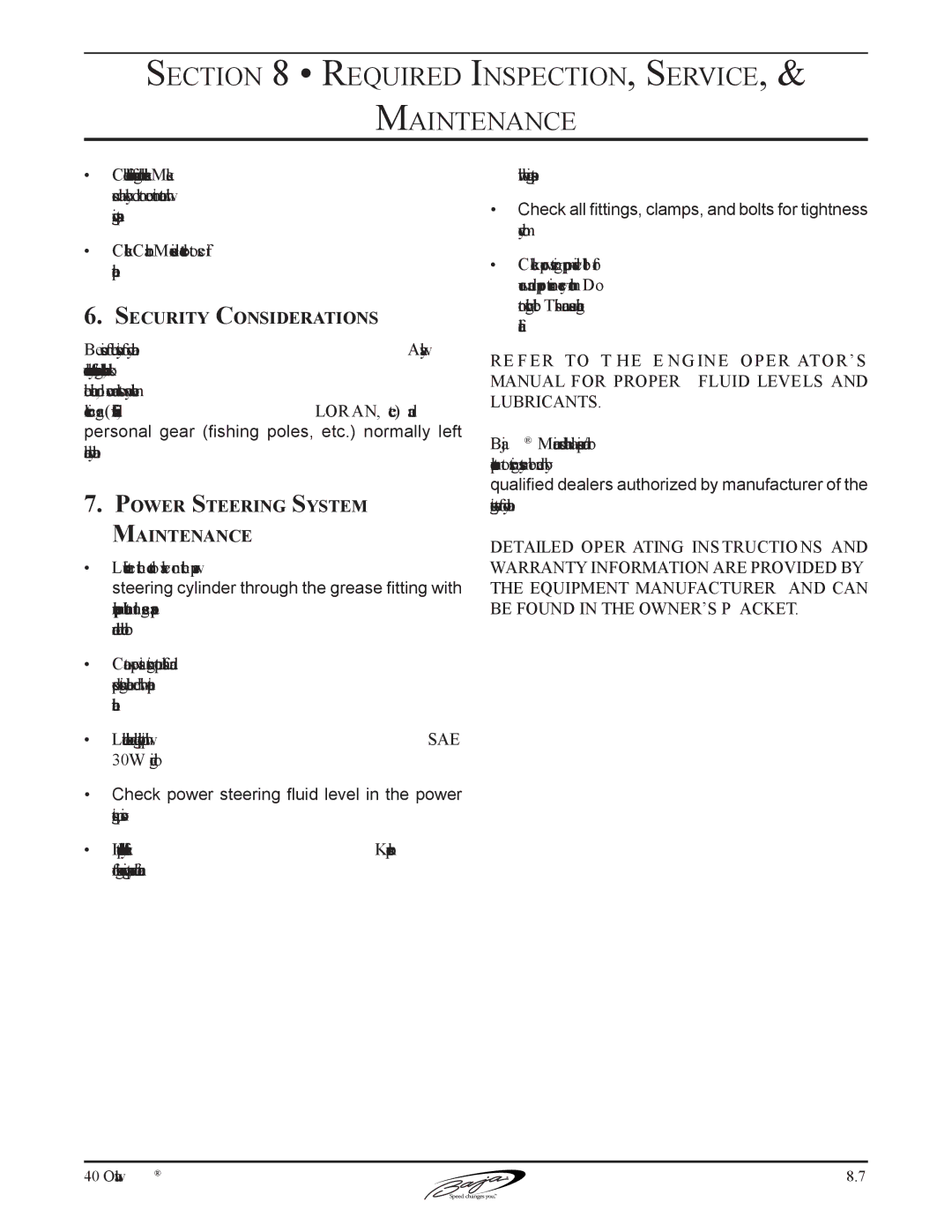 Baja Marine 40 manual Security Considerations, Power Steering System Maintenance 