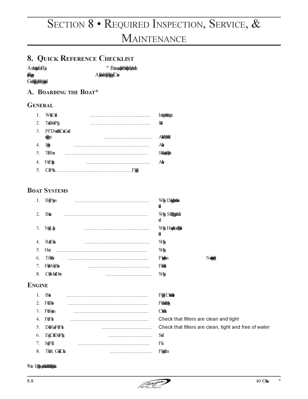 Baja Marine 40 manual Quick Reference Checklist, Boarding the Boat General, Boat Systems 