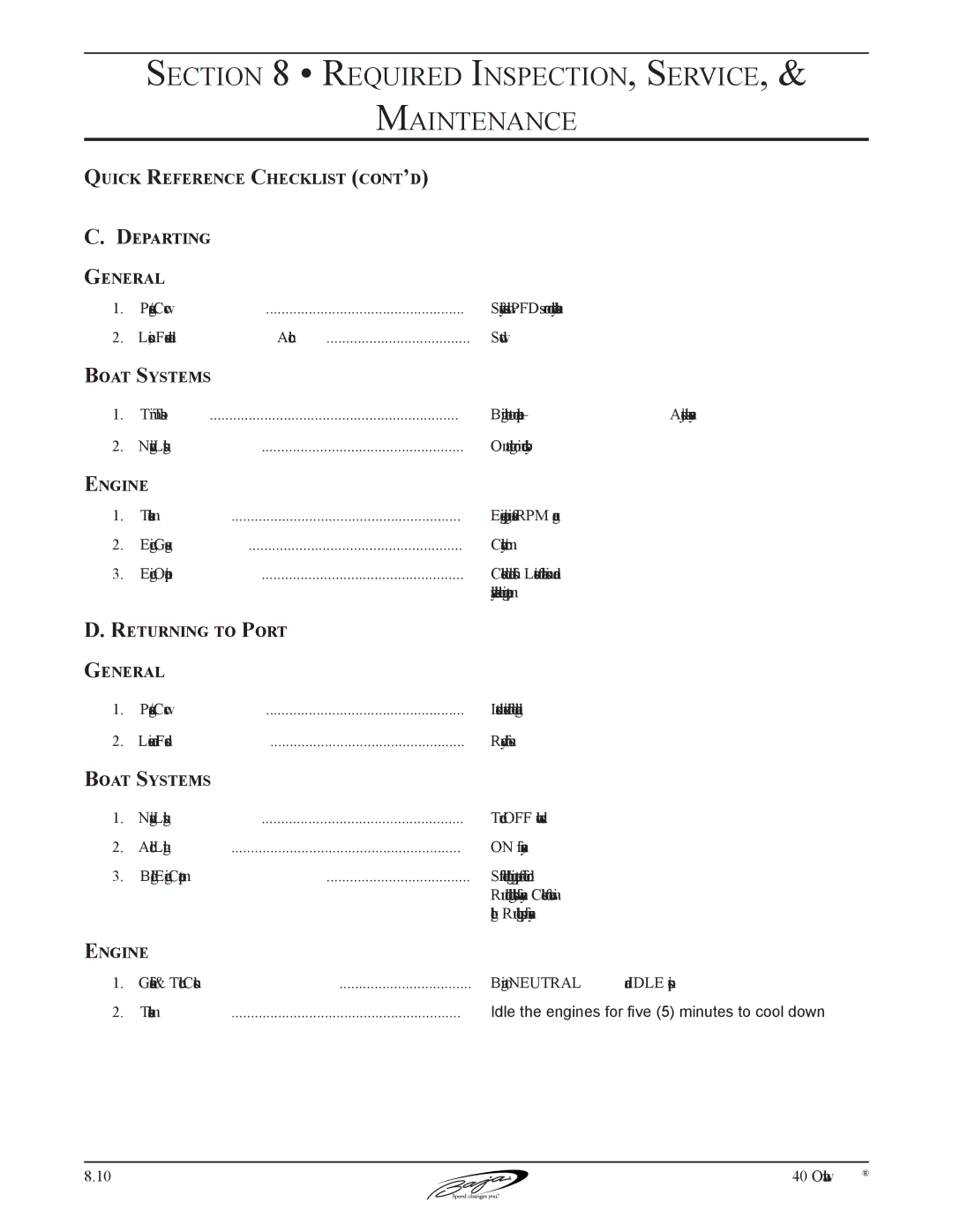 Baja Marine 40 manual Quick Reference Checklist cont’d Departing General, Returning to Port General 