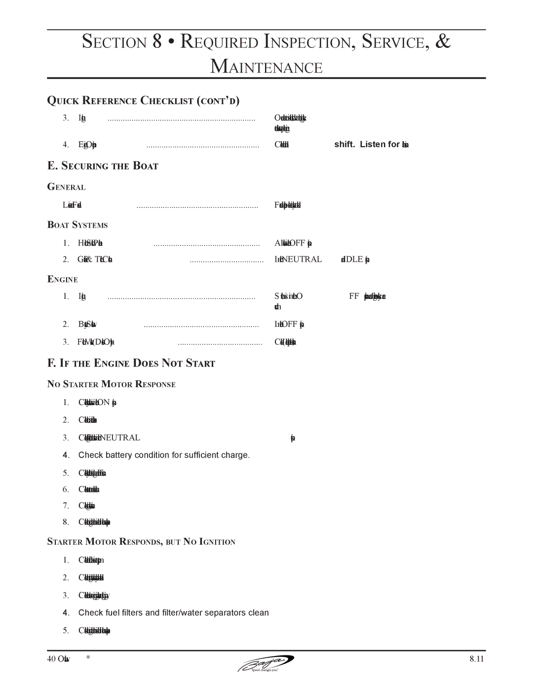 Baja Marine 40 manual Quick Reference Checklist cont’d, Securing the Boat, If the Engine Does Not Start 