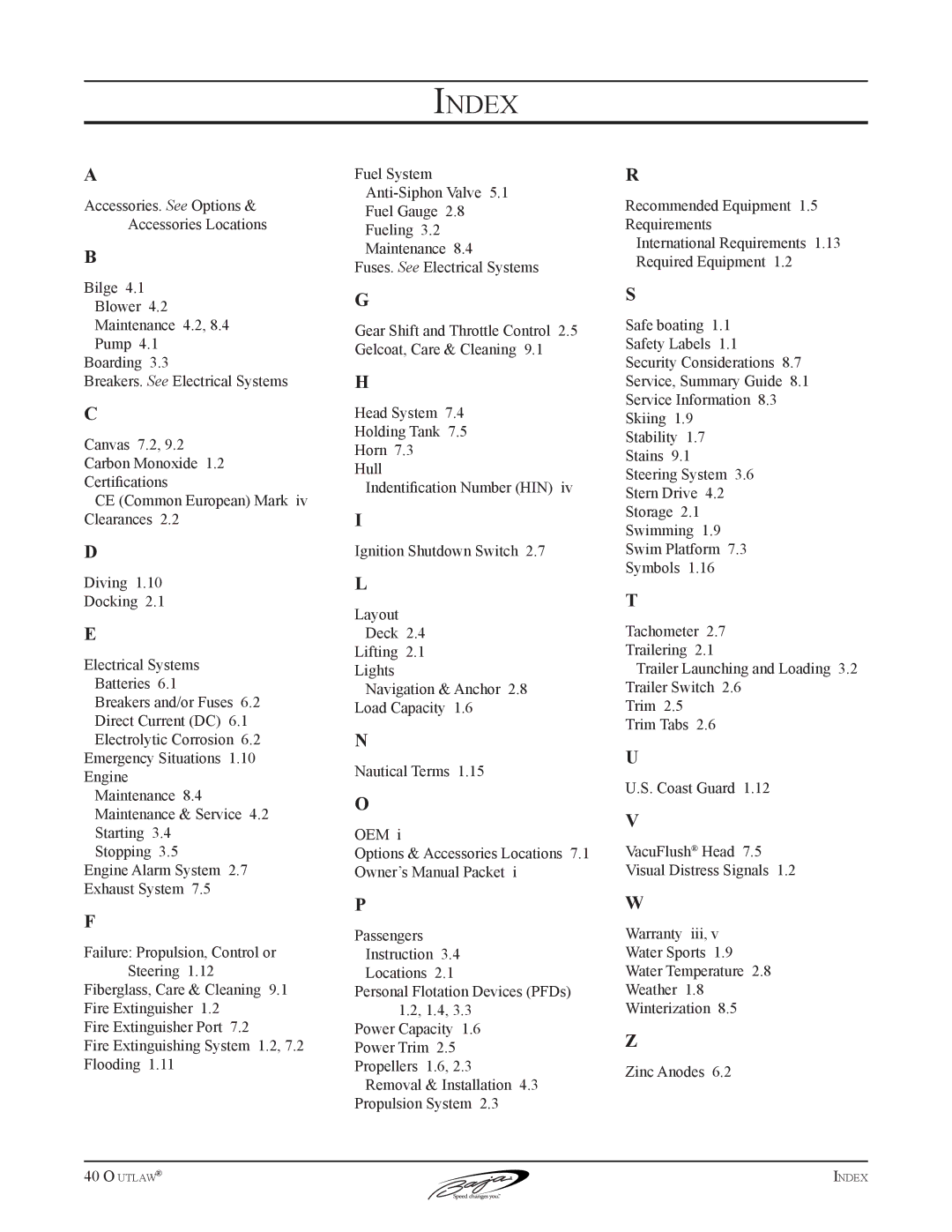 Baja Marine 40 manual Index 