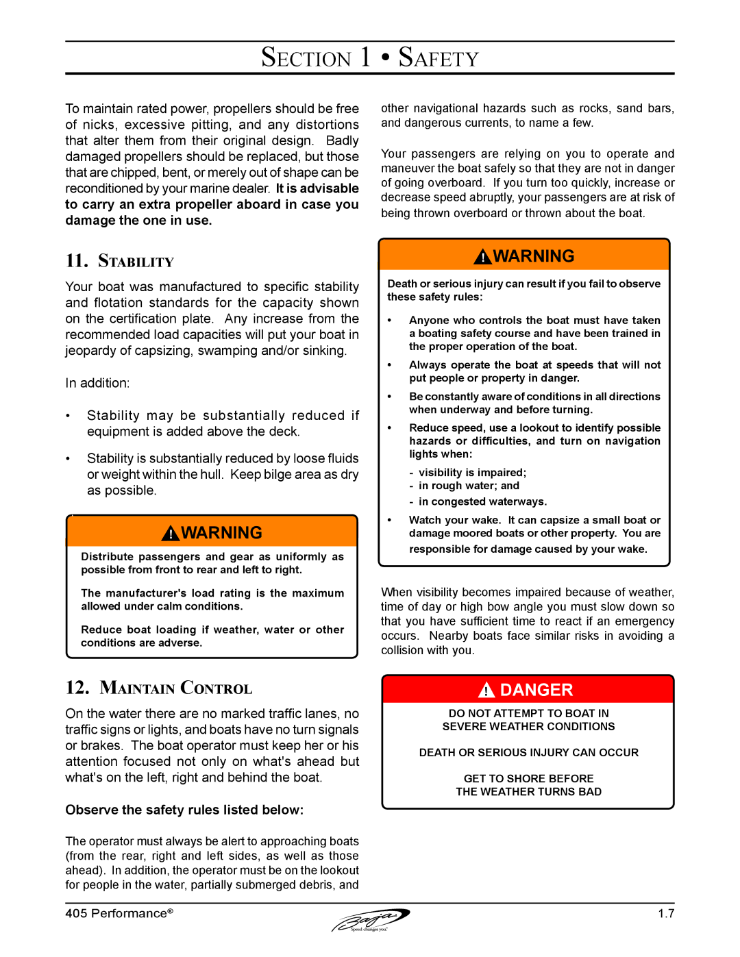 Baja Marine 405 manual Stability, Maintain Control 