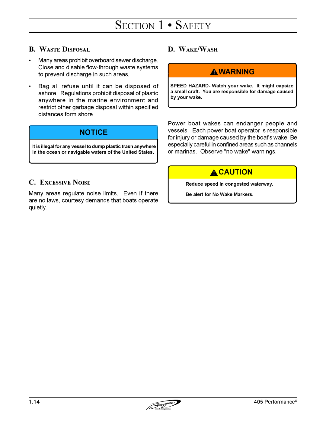 Baja Marine 405 manual Waste Disposal, Wake/Wash, Excessive Noise 