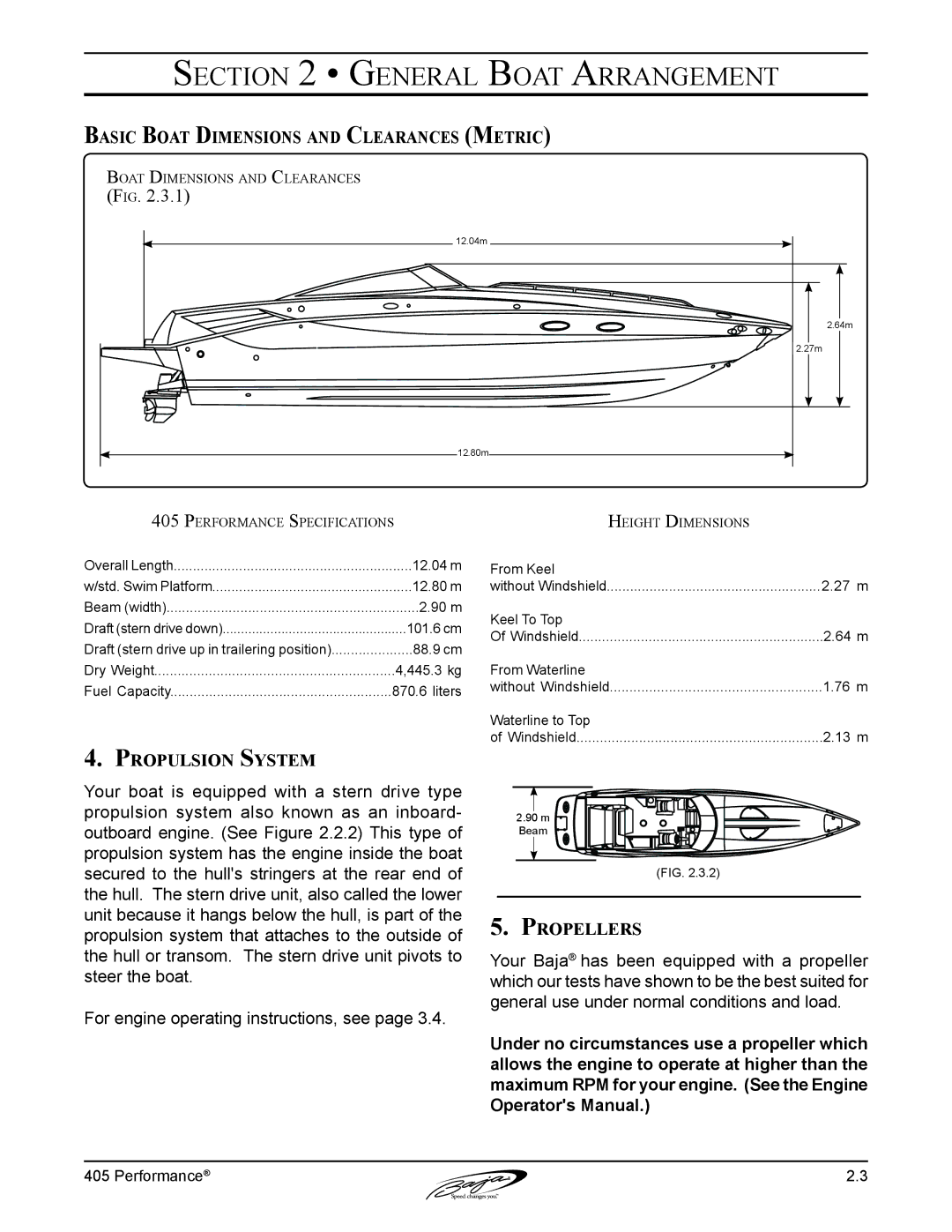 Baja Marine 405 manual Basic Boat Dimensions and Clearances Metric, Propulsion System 