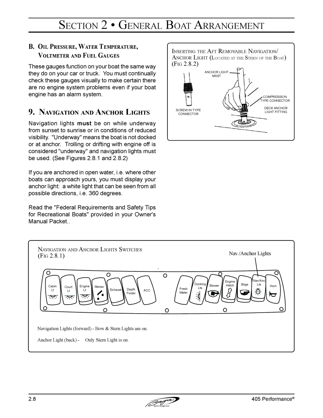 Baja Marine 405 manual Navigation and Anchor Lights, Oil Pressure, Water Temperature, Voltmeter and Fuel Gauges 