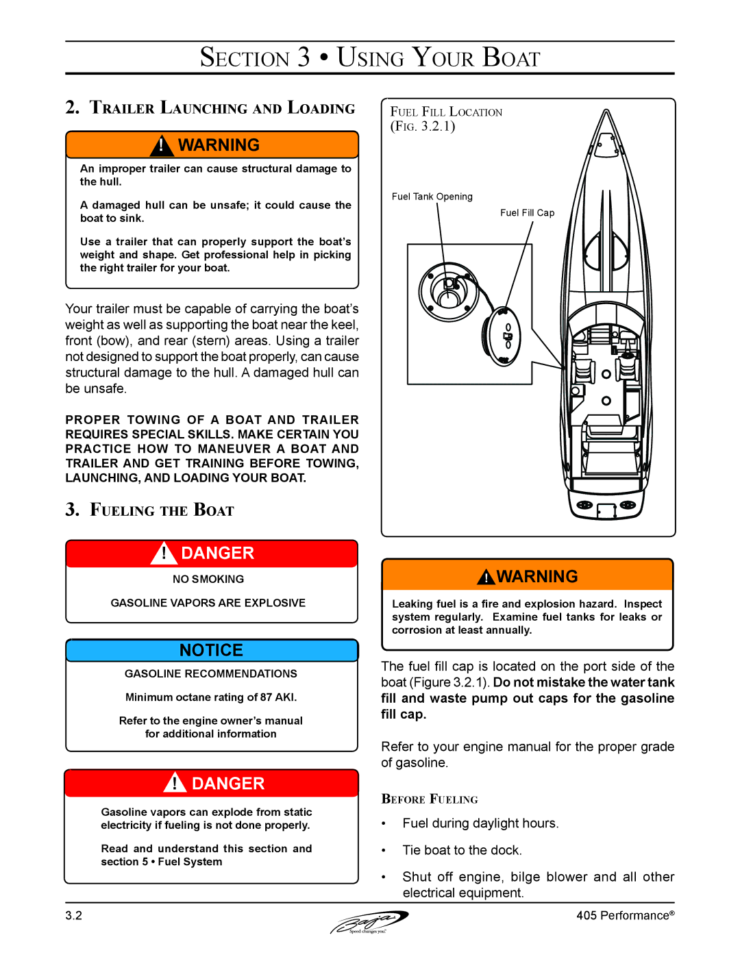 Baja Marine 405 manual Trailer Launching and Loading, Fueling the Boat 