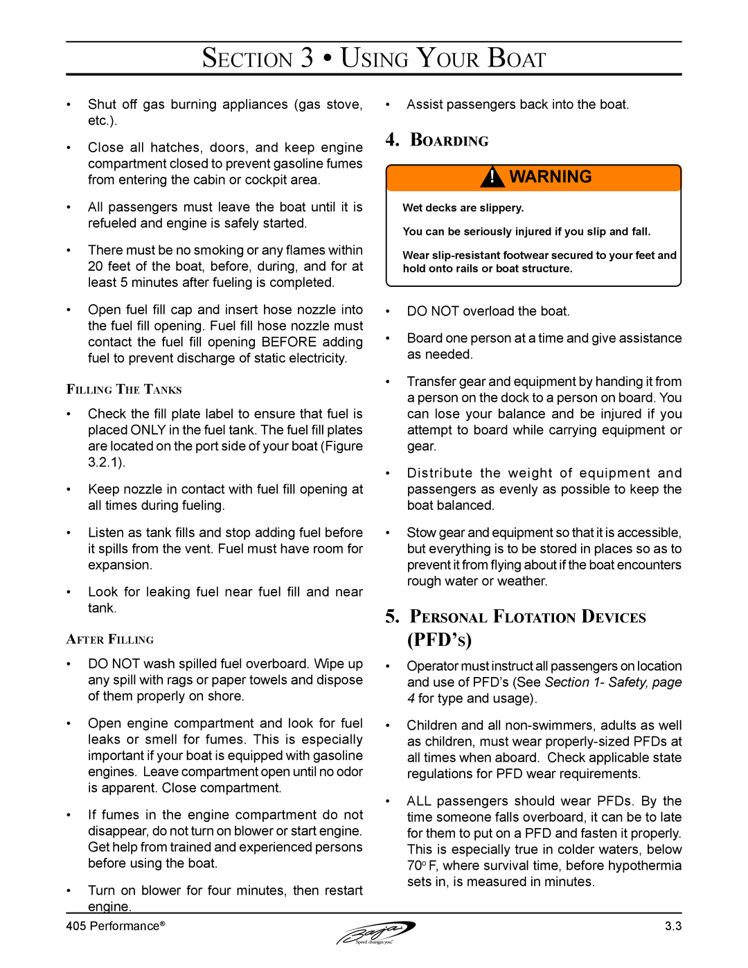 Baja Marine 405 manual Boarding, Personal Flotation Devices 
