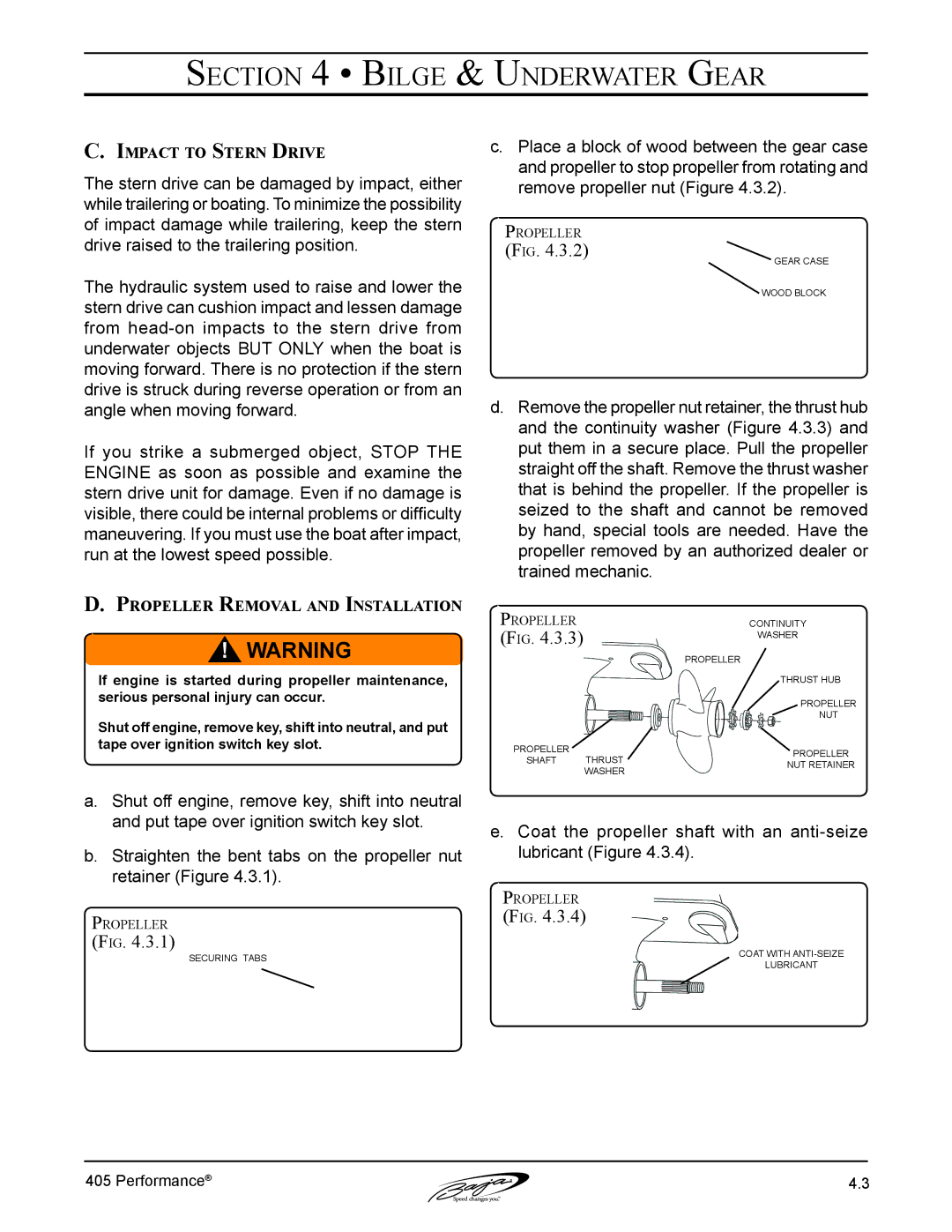 Baja Marine 405 manual Impact to Stern Drive, Propeller Removal and Installation 