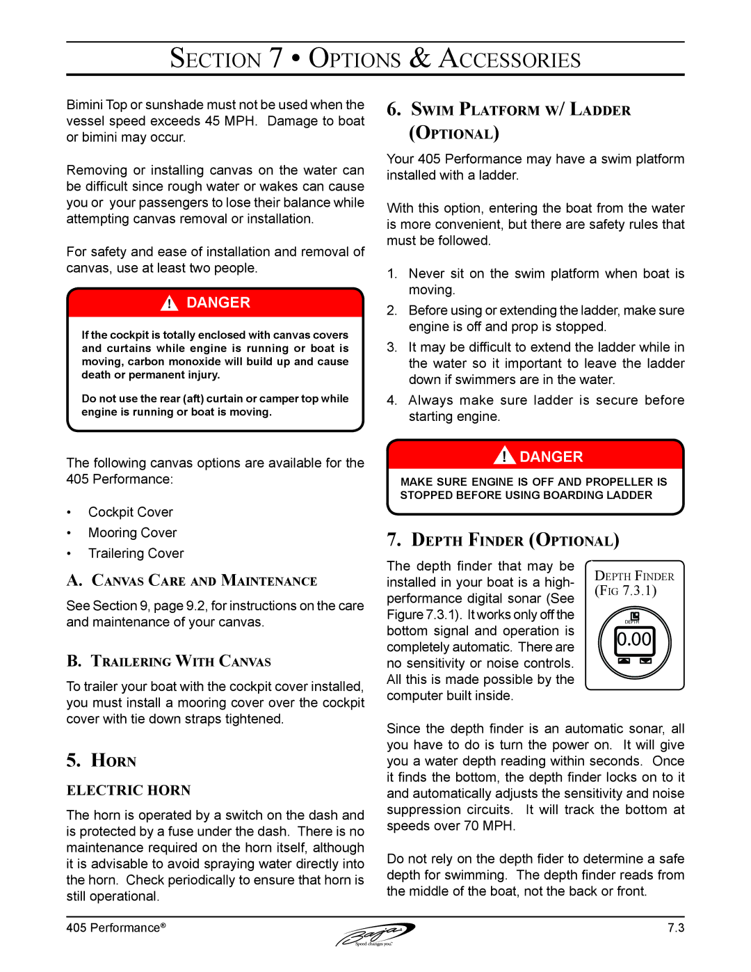 Baja Marine 405 manual Swim Platform w/ Ladder Optional, Depth Finder Optional, Horn, Canvas Care and Maintenance 