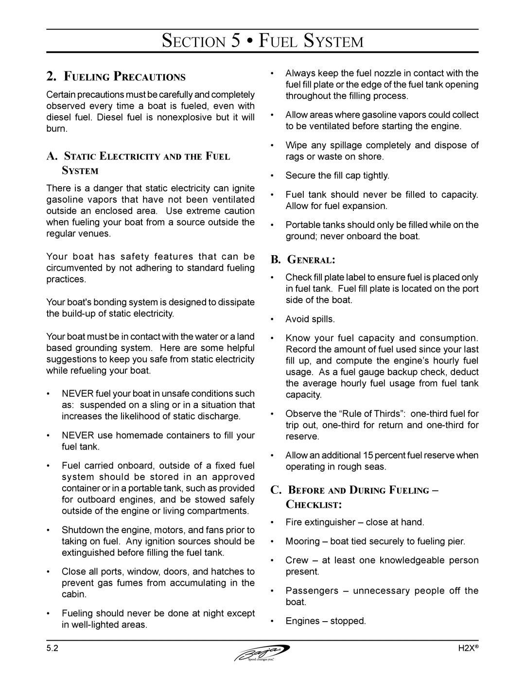 Baja Marine H2X manual Fueling Precautions, Static Electricity and the Fuel System, Before and During Fueling Checklist 