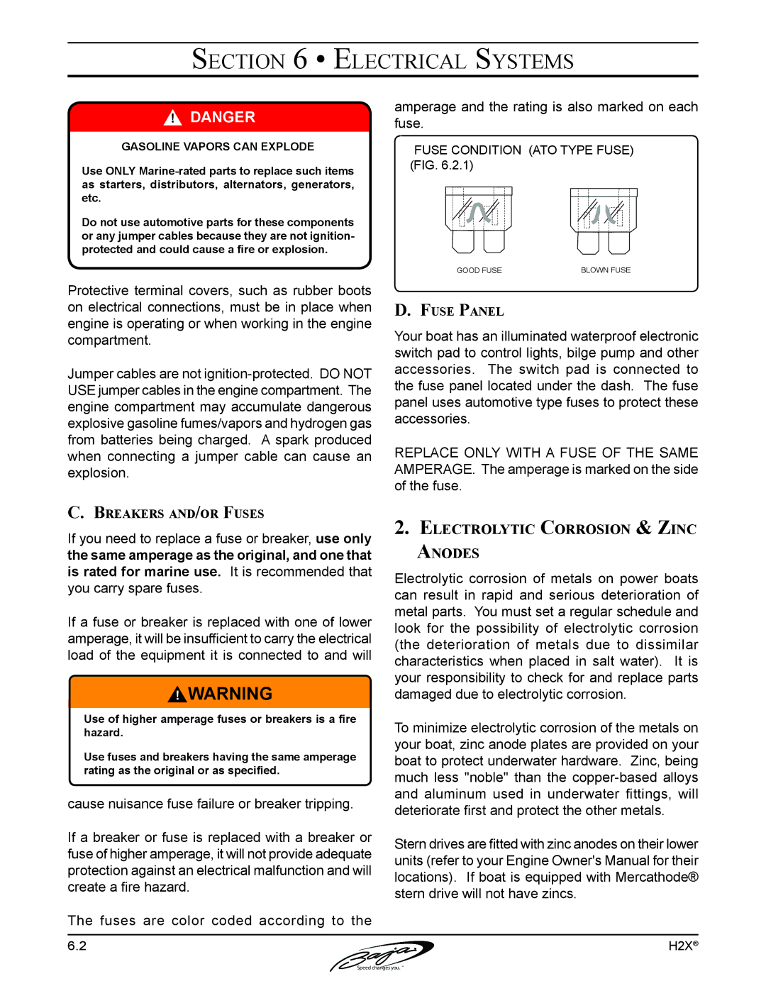 Baja Marine H2X manual Electrolytic Corrosion & Zinc Anodes, Breakers and/or Fuses, Fuse Panel 