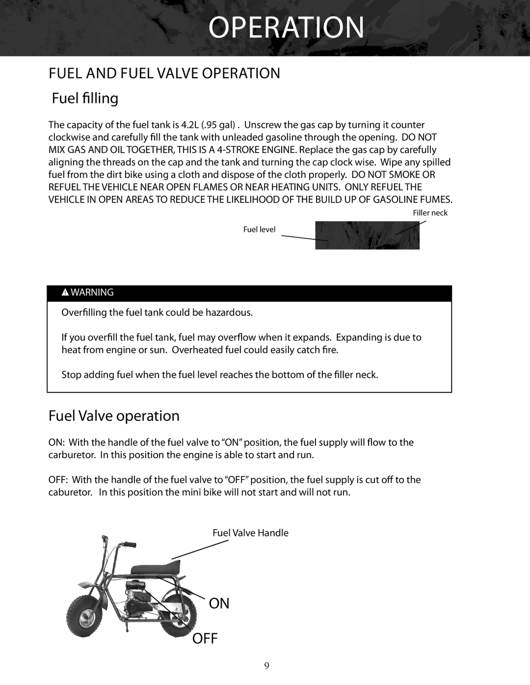 Bajaj Electricals DB30 manual Fuel and fuel valve operation Fuel filling, Fuel Valve operation 