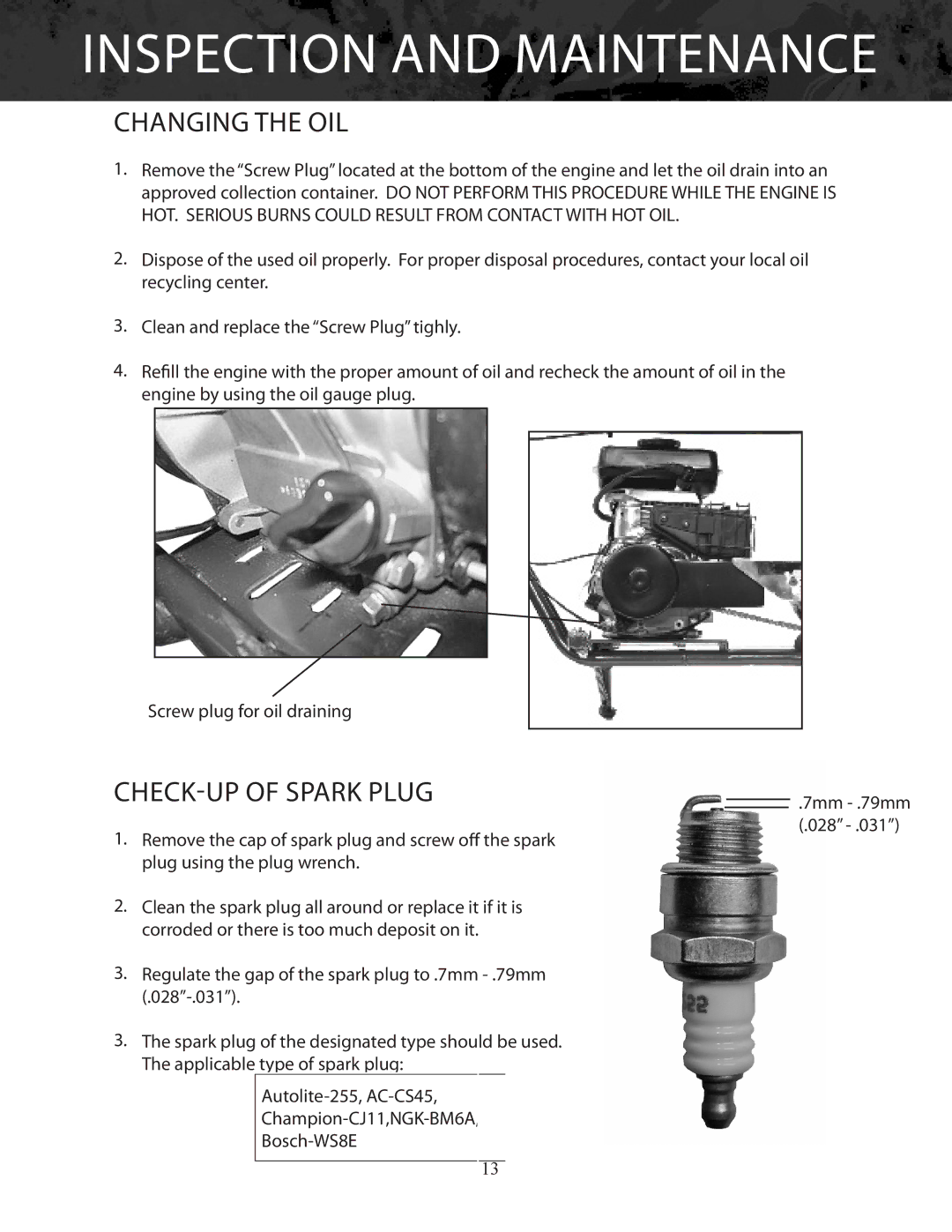 Bajaj Electricals DB30 manual Changing the Oil, Check-up of Spark Plug 