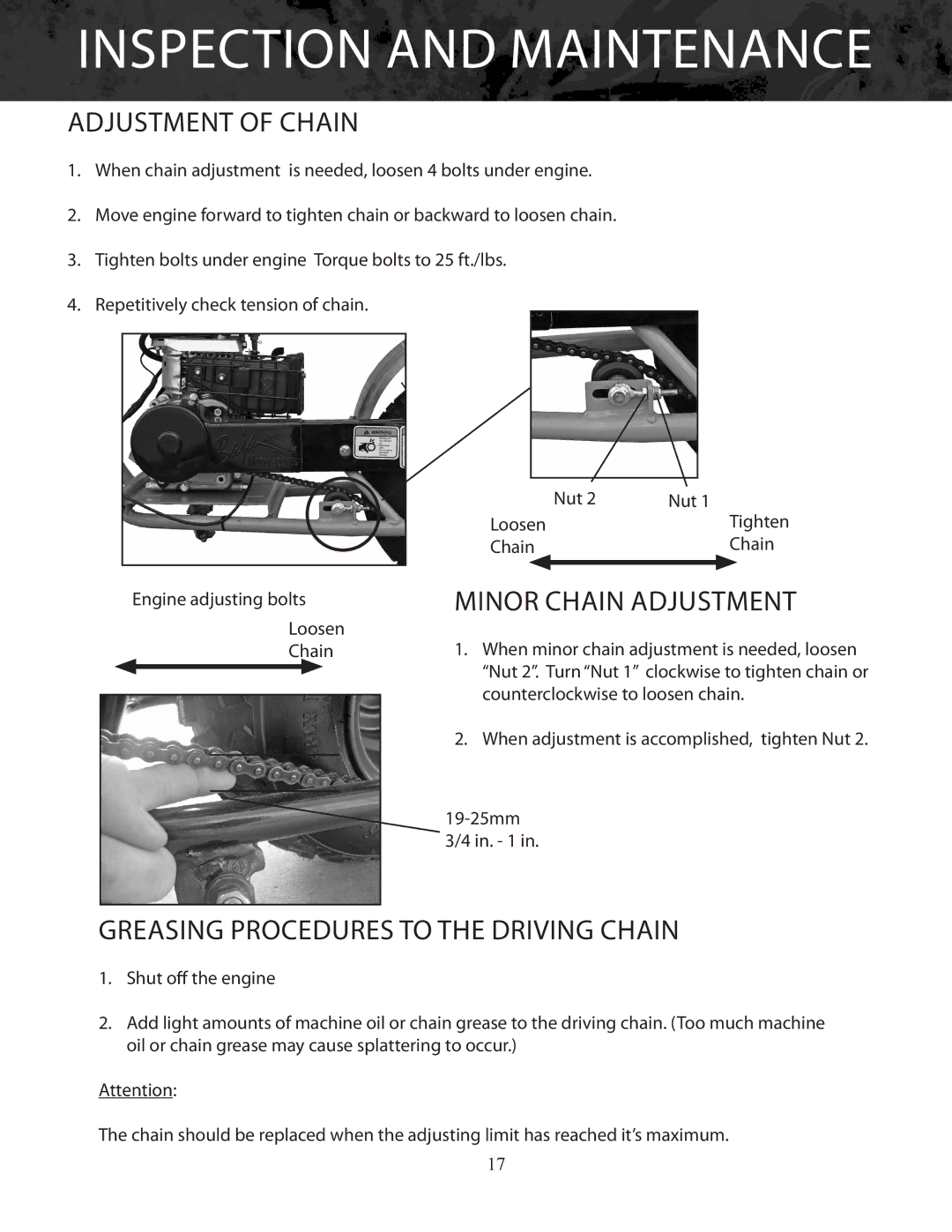 Bajaj Electricals DB30 manual Adjustment of Chain, Minor chain adjustment, Greasing procedures to the driving chain 