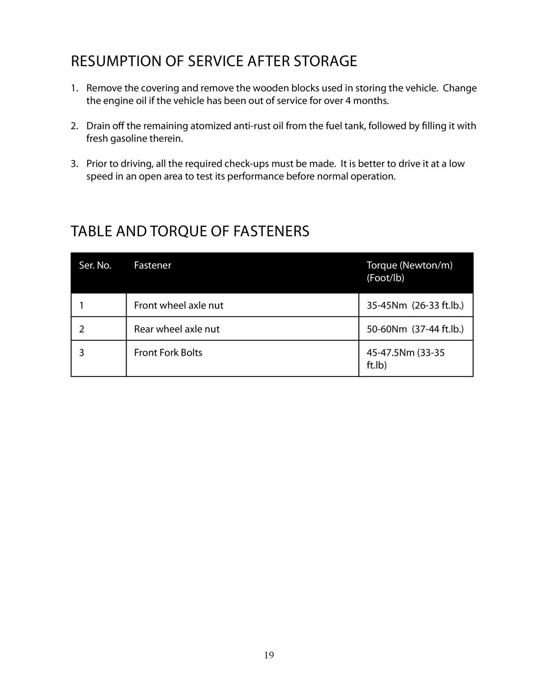 Bajaj Electricals HT65/MB165 manual Resumption of Service after Storage, Table and Torque of Fasteners 