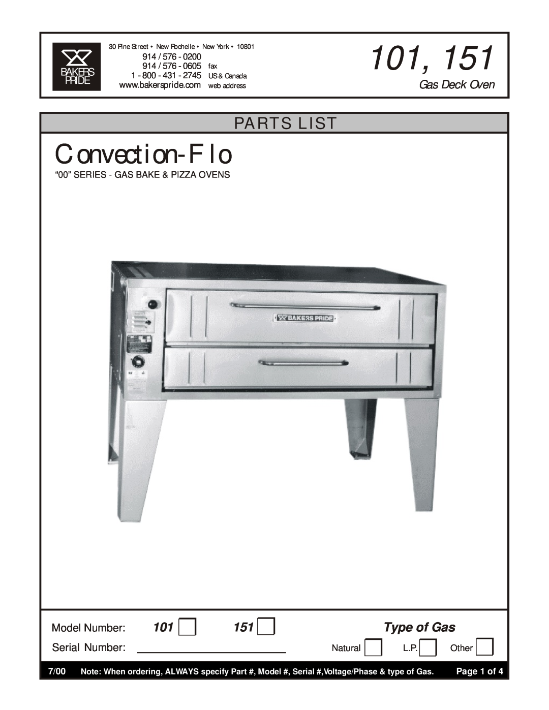 Bakers Pride Oven 151 manual Type of Gas, Bakers, Convection-Flo, Parts List, Model Number, Serial Number, Natural, Other 