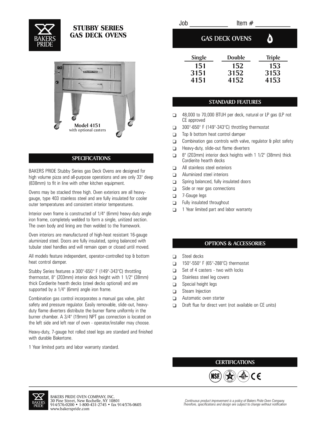 Bakers Pride Oven 4151 specifications GAS Deck Ovens, Standard Features, Specifications, Options & Accessories 