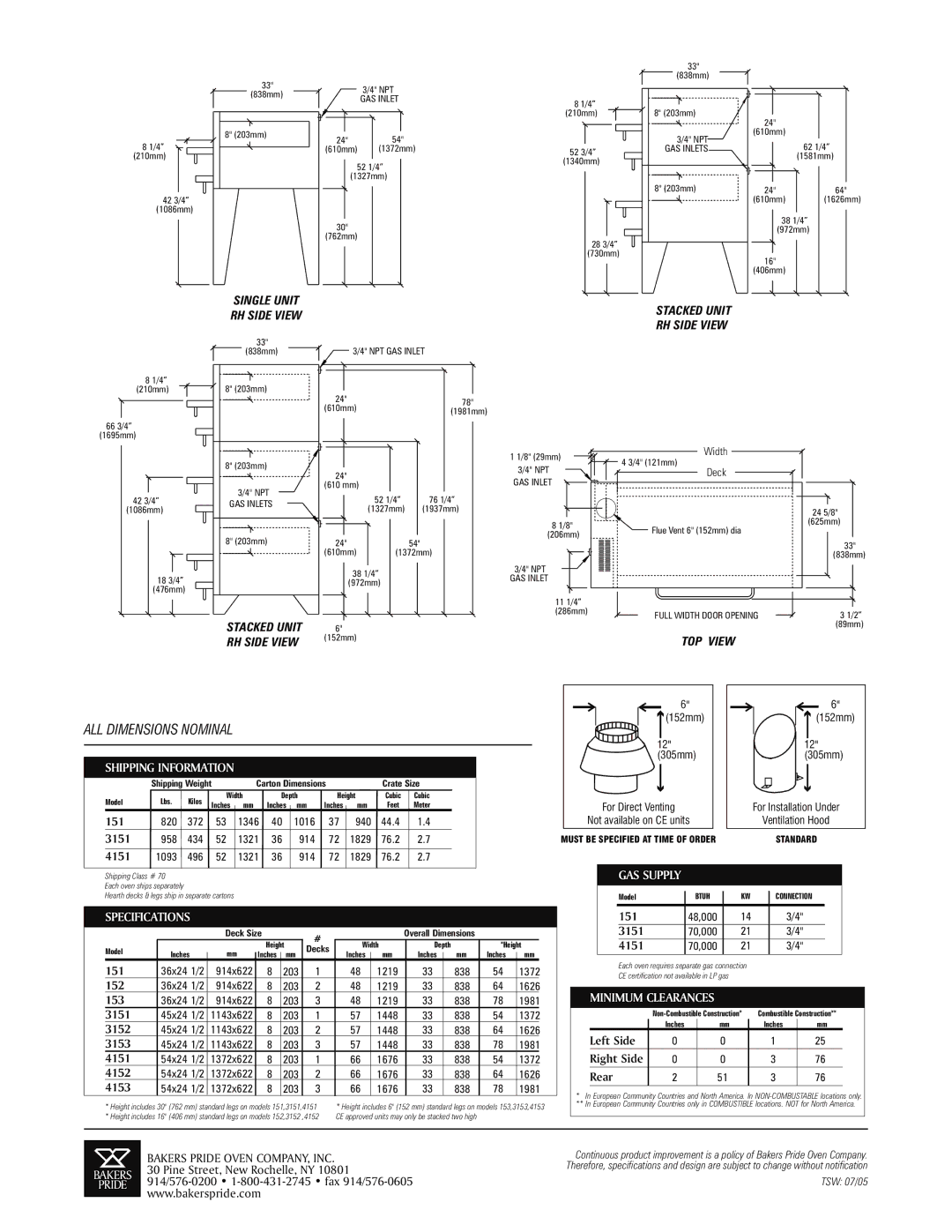 Bakers Pride Oven 4151 specifications 3151, 4153, Left Side, Rear 