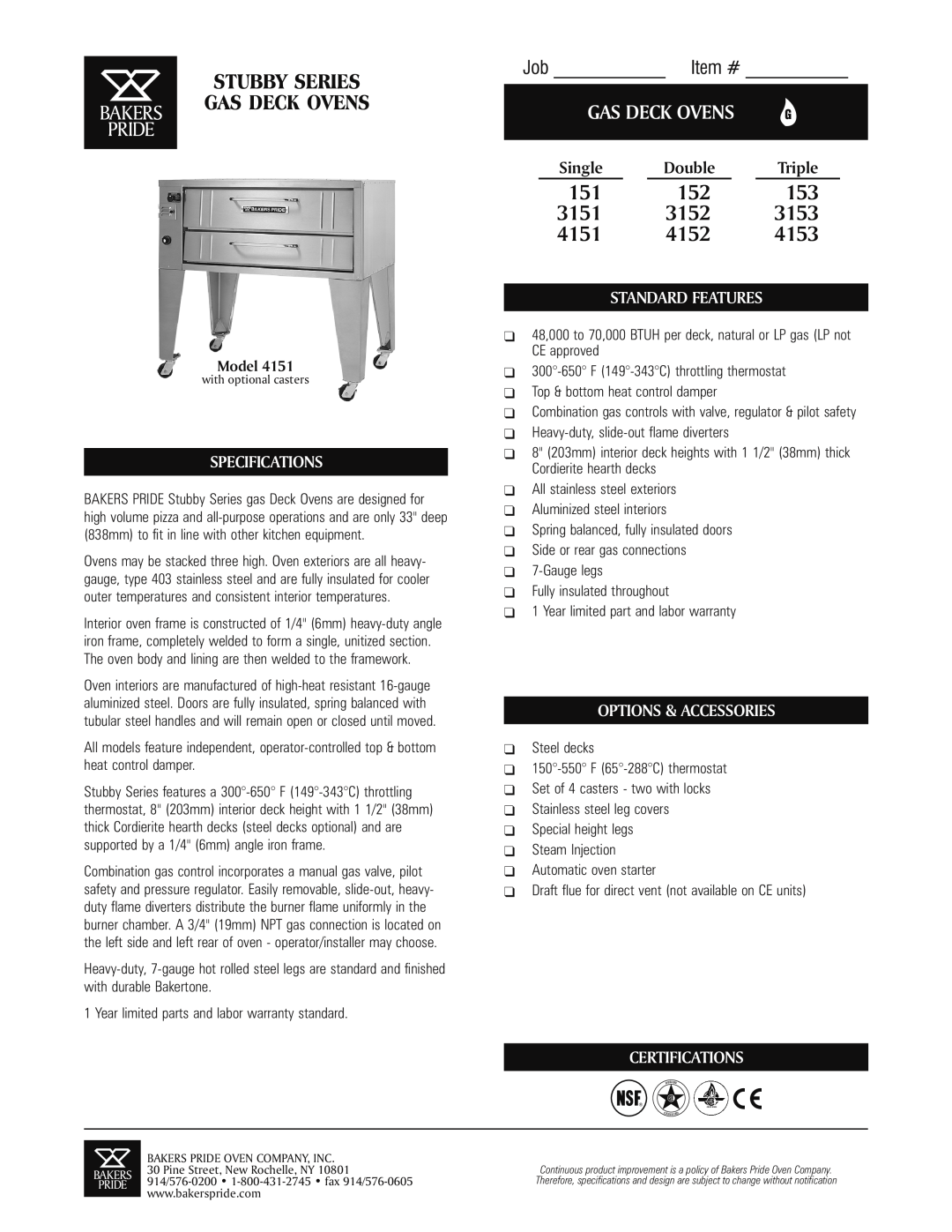 Bakers Pride Oven 4151 specifications Stubby Series Gas Deck Ovens, 3151, 3152, 3153, 4152, 4153, Bakers Pride, Job Item # 