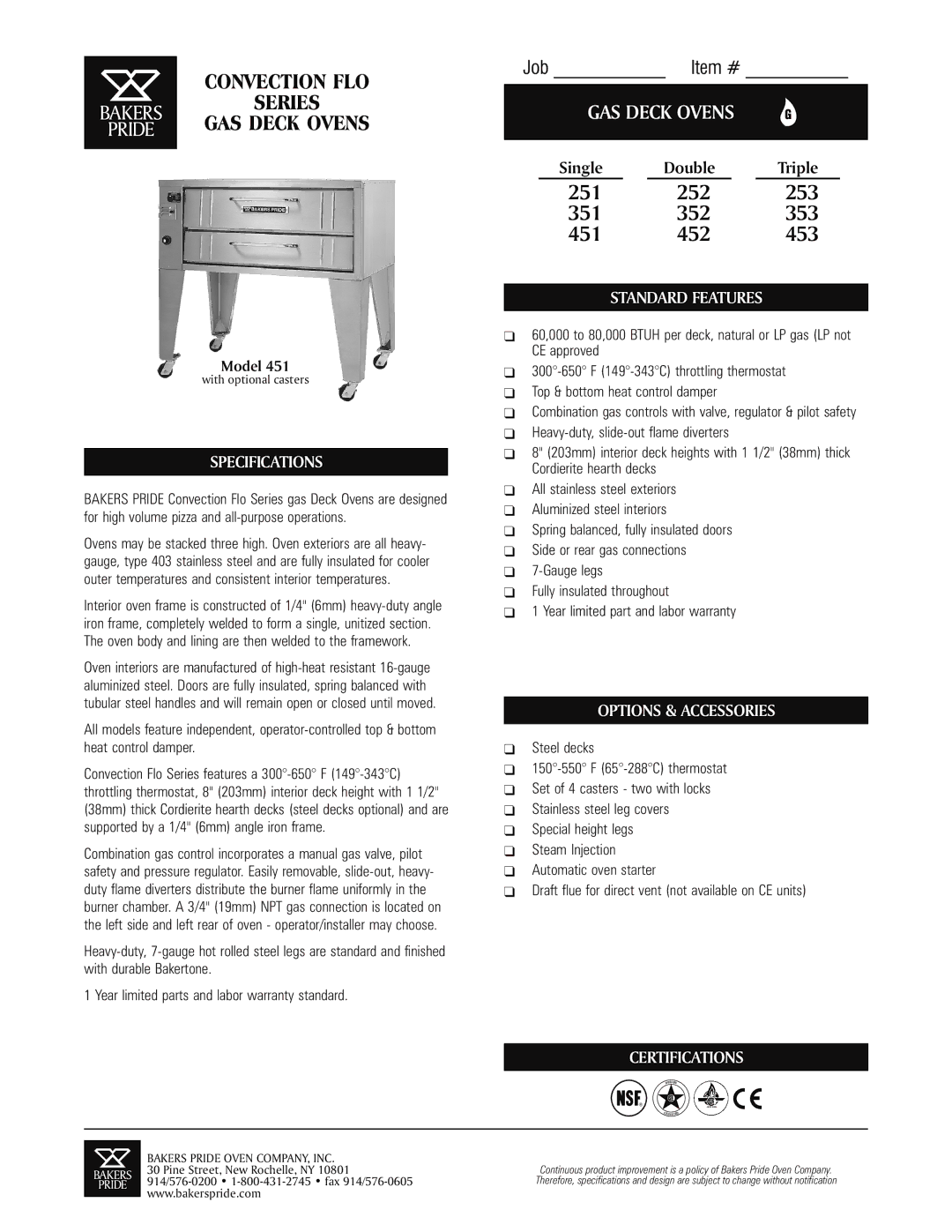 Bakers Pride Oven 353, 451, 253, 252 specifications Specifications, GAS Deck Ovens, Standard Features, Options & Accessories 