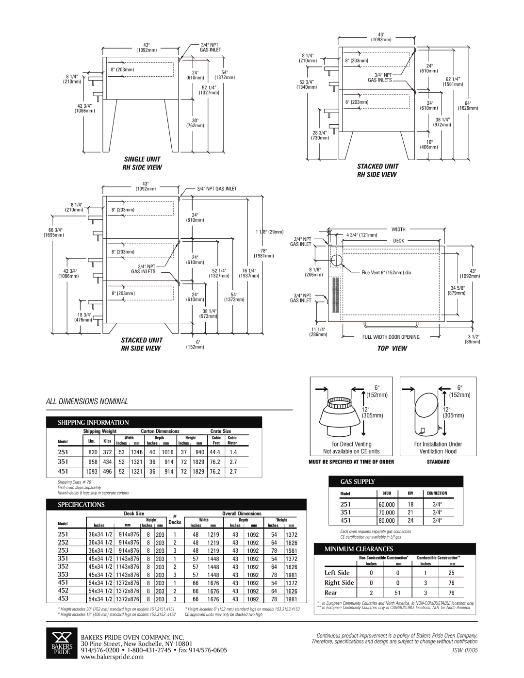 Bakers Pride Oven 253, 353, 252, 352, 251, 452 specifications 351, 451, 453, Left Side, Rear 