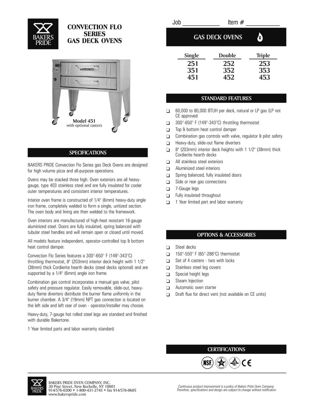 Bakers Pride Oven 353 specifications Convection Flo, Job Item #, Series, Gas Deck Ovens, Specifications, Single, Double 