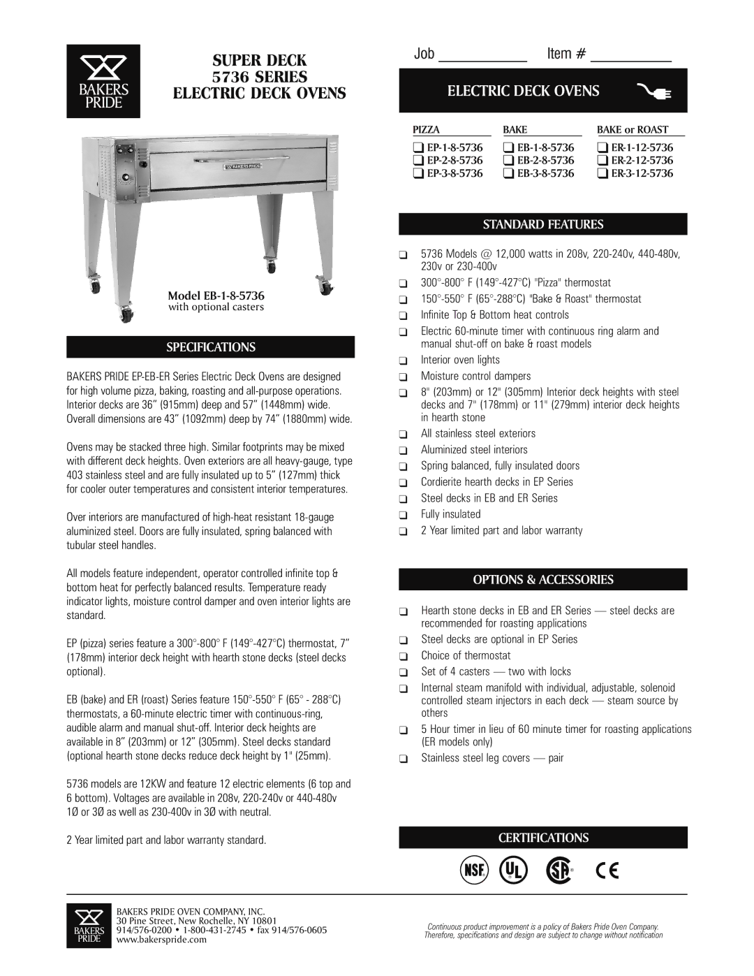 Bakers Pride Oven 5736 specifications Specifications, Standard Features, Options & Accessories, Certifications 