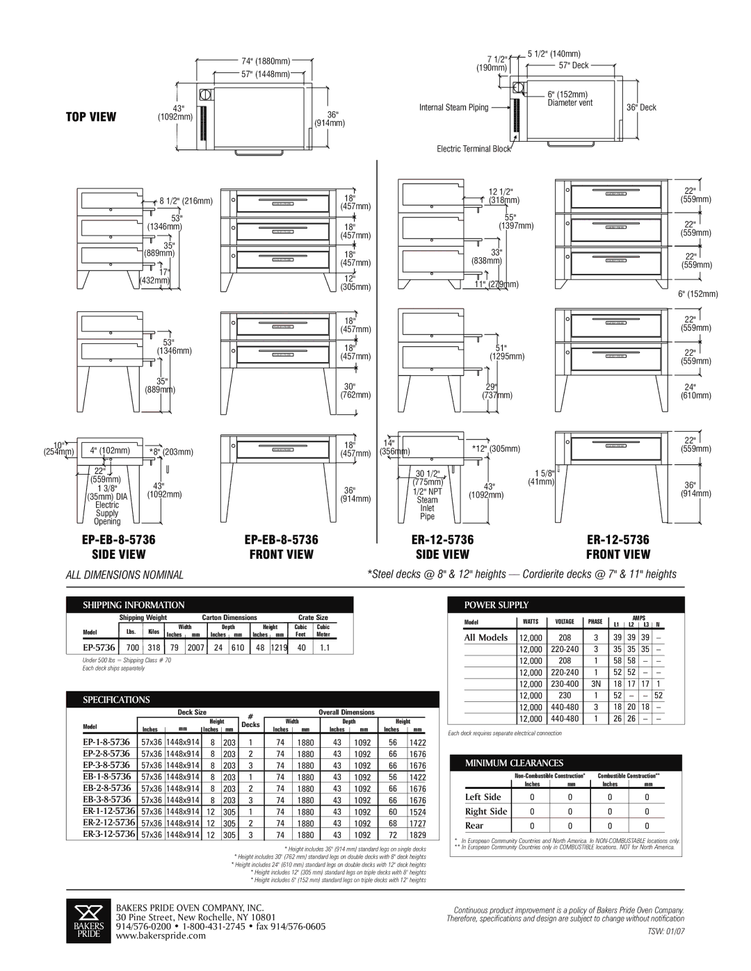 Bakers Pride Oven 5736 specifications Specifications, Power Supply, Minimum Clearances 